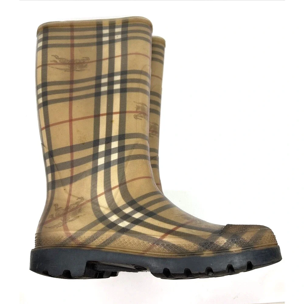 Burberry Rubber Rain Boots Women's Knee High Sz 7 Brown Novacheck Print Italy - Picture 3 of 9